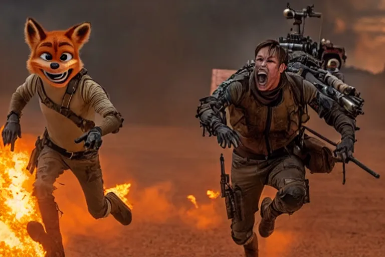 Image similar to nick wilde, heavily armed and armored facing down armageddon in a dark and gritty reboot from the makers of mad max : fury road