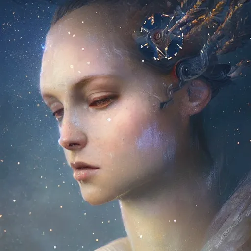 Prompt: photo realistic image of a goddess of stars, stunning 3 d render inspired art by istvan sandorfi and greg rutkowski, perfect facial symmetry, realistic, highly detailed attributes and atmosphere, dim volumetric cinematic lighting,