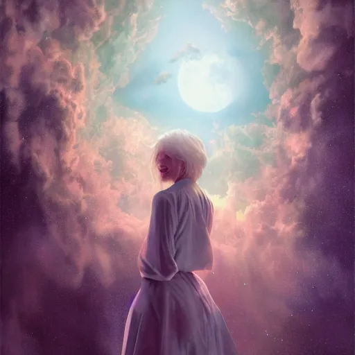 Prompt: 3 d, sci - fi, night, moon, moon rays, smiling fashion model face, cinematic, clouds, vogue cover style, realistic painting, intricate oil painting, high detail illustration, figurative art, multiple exposure, poster art, 3 d, by tooth wu and wlop and beeple and greg rutkowski