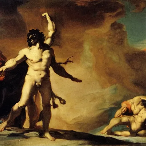Prompt: zeus vs odin by francisco goya, mythological painting, oil painting