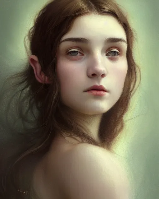 Prompt: !dream portrait of a welsh teenage girl with brown hair, glowing skin, delicate features, quiet beauty, amelie poulain, elfin beauty, fantasy, intricate, elegant, dress shirt, highly detailed, digital painting, artstation, concept art, smooth, sharp focus, illustration, art by Krenz Cushart and Artem Demura and alphonse mucha