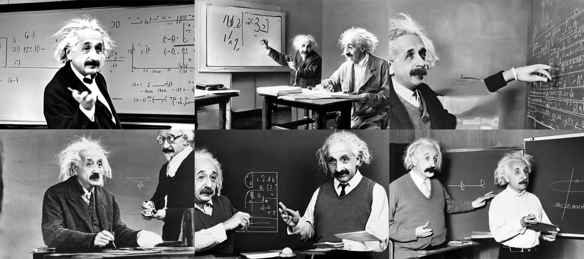 Prompt: photograph of professor Albert Einstein teaching Physics on blackboard in a big hall, black and white, 4k