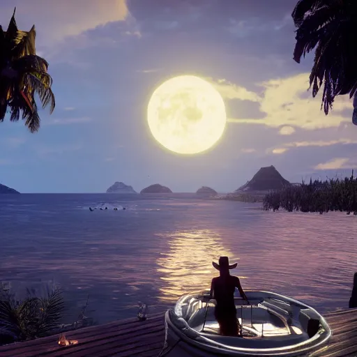 Image similar to Floating palace, moon reflecting on the water, thunderstorm, greek pool, beach and Tropical vegetation on the background major arcana sky, rdr2 screenshot, pc read dead 2 videogame, hyperrealistic 8k, award-winning, very very very detailed