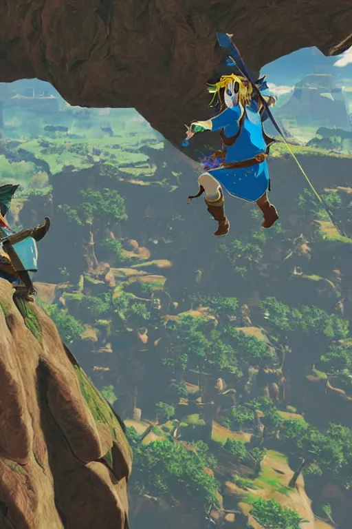 Image similar to in game footage of link from the legend of zelda breath of the wild climbing using magnesis, breath of the wild art style.