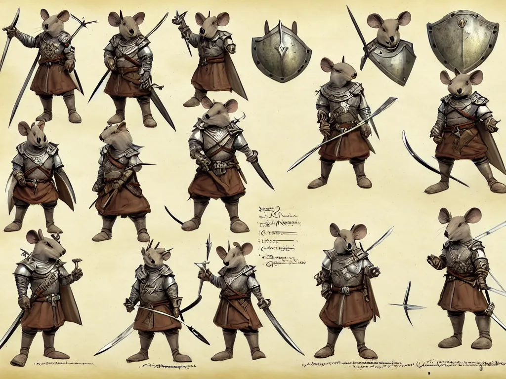 Prompt: character design sheet for a heroic mouse knight wearing a helmet with sword and shield on a parchment background, redwall, greg rutowski and jean baptiste monge, very very detailed, epic fantasy concept art