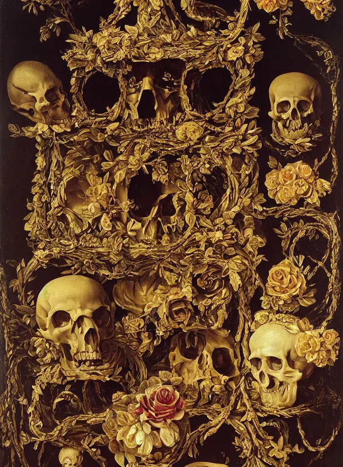 Image similar to portrait of hall of ossuary with a caves and marble skulls with a wreath of gold roses and a dress of gold rose petals , oil painting in a renaissance style , very detailed, painted by Caravaggio.