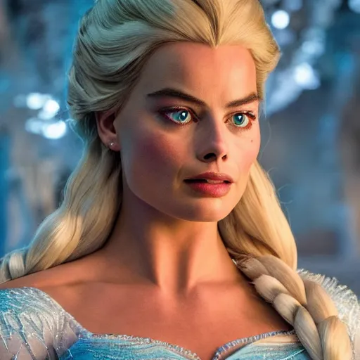 Prompt: Margot Robbie as Elsa in disney frozen live action, 8k full HD photo, cinematic lighting, anatomically correct, oscar award winning, action filled, correct eye placement,