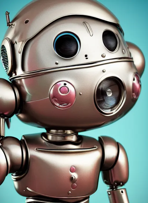 Image similar to highly detailed closeup portrait of a cute tin toy retro robot, nicoletta ceccoli, mark ryden, lostfish, earl nore, hyung tae, frank frazetta, global illumination, god rays, detailed and intricate environment