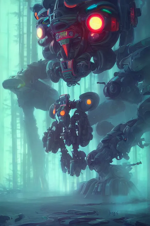 Image similar to Portrait of Yokai Mecha in neon forest, digital art from artstation by Andreas Rocha and Greg Rutkowski and Peter Mohrbacher