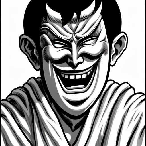 Image similar to A man wearing white robes with a angry Greek theater mask, white robes, smiling mask, theater mask, greek mask, ancient greece, furious, muscular figure, manga art, manga, Junji Ito, Junji Ito artwork, Ito Junji art, 4k