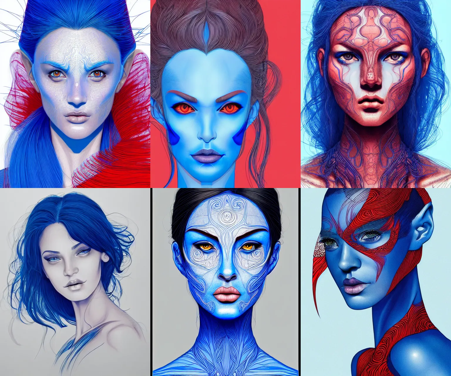 Prompt: portrait of a blue skin woman, red eyes, beautiful, elegant, striking, intricate linework, artstation trending, by moebius, zoran janjetov, alejandro jodorowsky, jose ladronn