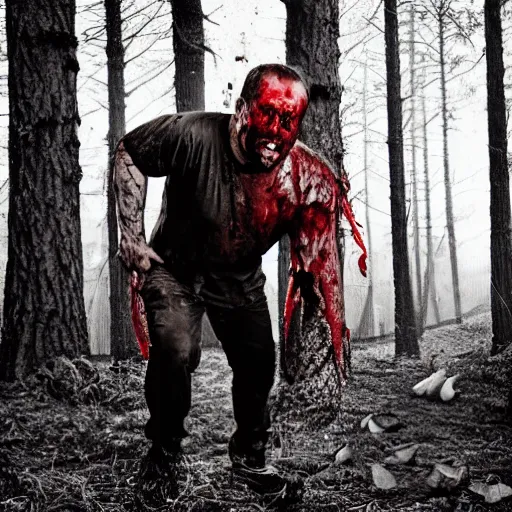 Image similar to big butcher man posing scarily, scary angry pose, covered in blood, fresh kill, cleaver, earie setting, in a forest, horror, hyperdetailed