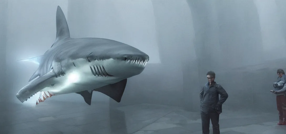 Image similar to a robotic shark painting portraits for a line of tourists, foggy, cinematic shot, photo still from movie by denis villeneuve, wayne barlowe