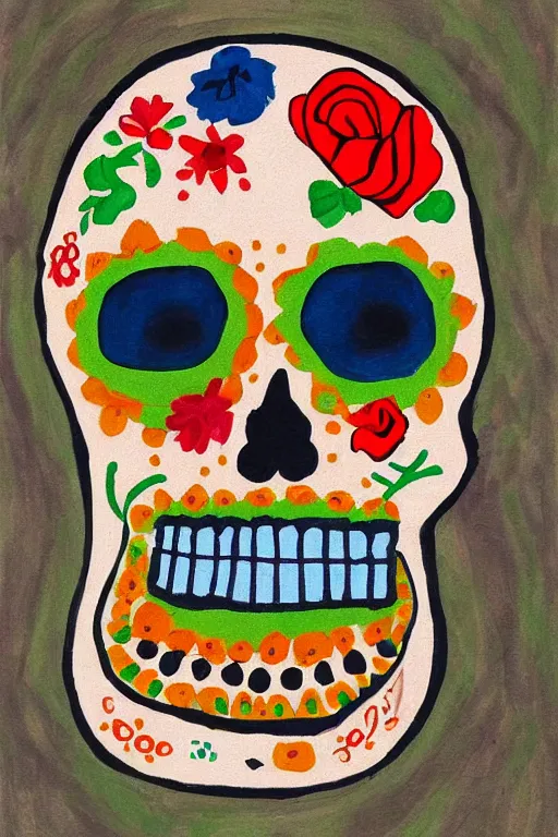 Prompt: Illustration of a sugar skull day of the dead girl, art by Etel Adnan