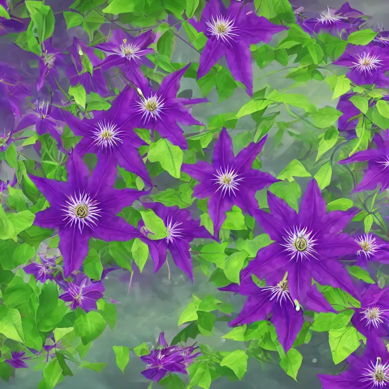 Image similar to clematis theme logo, clematis theme banner, clematis design, clematis in the deep sea, clematis like stars in the sky, trending on artstation, warm light, lovely and cute, fantasy art, 8 k resolution, highly detailed