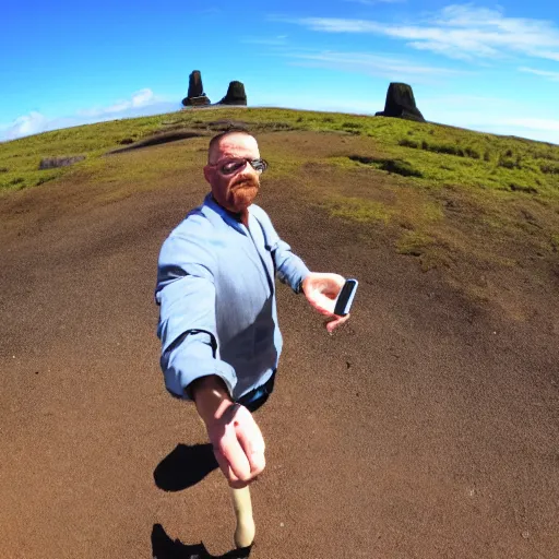 Image similar to walter white taking a selfie on rapa nui, moai