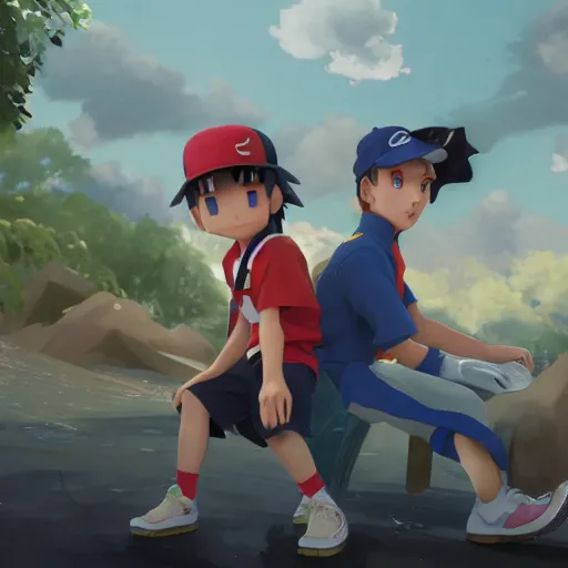 Image similar to a highly detailed matte illustration of ash ketchum and brock and misty in squid game, aerial photography, ultrawide lens, art by john collier and albert aublet and krenz cushart and artem demura and alphonse mucha, volumetric lighting, octane render, 4 k resolution, trending on artstation, masterpiece