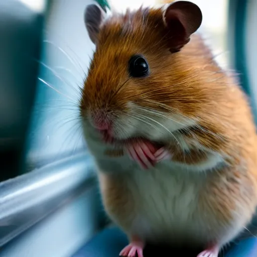 Image similar to distant photo of a hamster, sitting on a seat in a train, various poses, unedited, soft light, sharp focus, 8 k