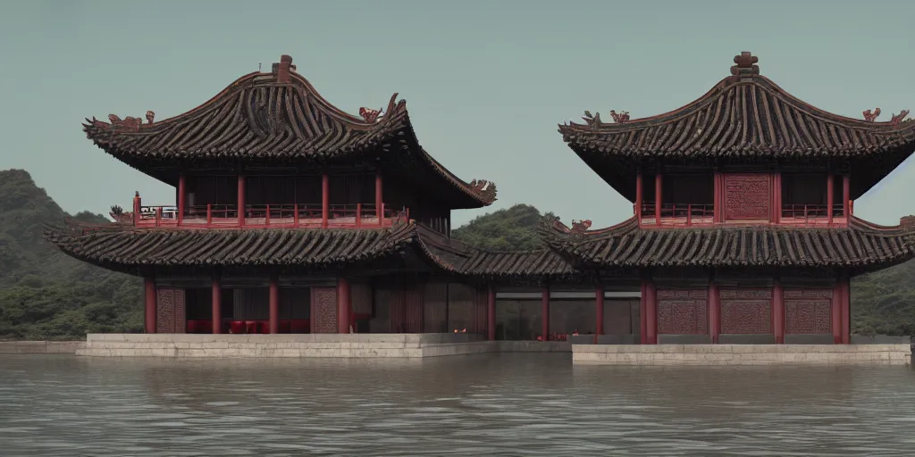 Image similar to a ancient chinese style building located on a lonely huge fantastic dark rock in the sea. lotus blooming. morning. medium shot. octane render. 8 k. cinematic.