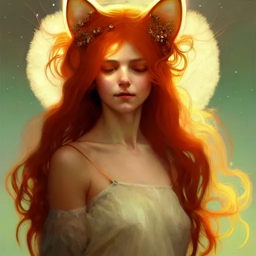 Prompt: Portrait of a girl angel with pale orange colored fuzzy frizzy hair, cat ears, glowing halo, wings, fantasy, intricate, elegant, highly detailed, digital painting, artstation, concept art, smooth, sharp focus, illustration, art by Krenz Cushart and Artem Demura and alphonse mucha