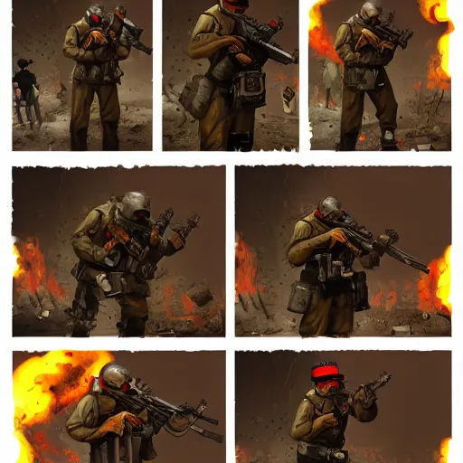 Image similar to gone with the blastwave comic scene, two soldiers in winter army gear, trench coats, gask masks, helmets with a red stripe, one soilder with sniper rifle, one soldier with flame thrower, destroyed post apocalyptic war - torn city, digital art, artstation