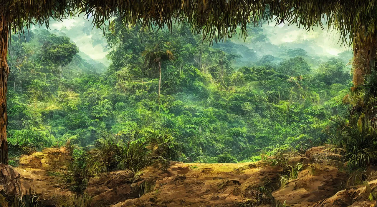 Image similar to close zouk fabric wall fortress countryside jungle dirt a spectacular view cinematic illustration by john kirby