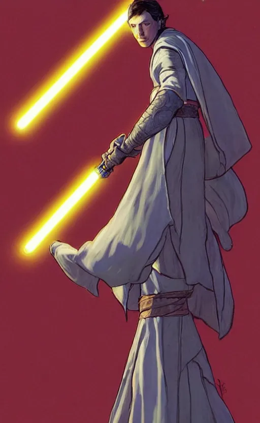 Image similar to a bittersweet depiction of the character as a jedi, with a characteristic item of clothing, using a medieval european style lightsaber, featuring a limited color palette by doug chiang