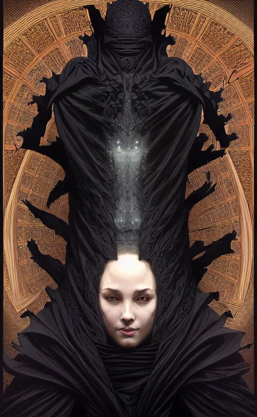 Image similar to Faceless creature wearing a black robe, it's face has been replaced by a fractal singularity of shifting patterns. fantasy, highly detailed, digital painting, artstation, concept art, smooth, sharp focus, illustration, art by artgerm and greg rutkowski and alphonse mucha