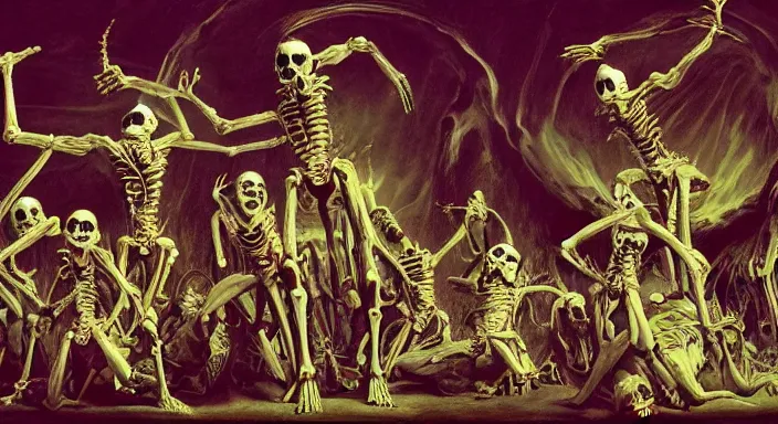 Image similar to photo of undead skeletons performing a sacred blasphemous mind-bending ritual, style of Wayne Barlowe, lavish rococo baroque setting, fashion-photography, unholy ceremony, sacrilegious rite, evil, menacing, ominous, threatening, sinister, malevolent. Highly-detailed, photographic, cinematic, dramatic, establishing shot