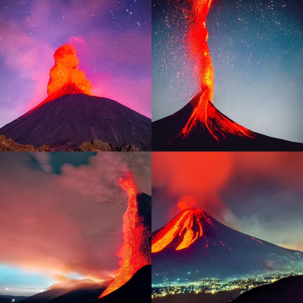 Prompt: a volcano spewing lava into the night sky, a photo by rodolfo escalera, featured on flickr, art photography, national geographic photo, hellish background, behance hd