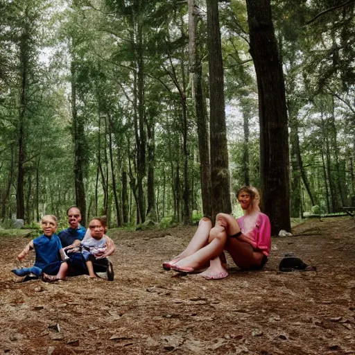Prompt: Peeking through the forest trees at a happy family sitting around a campire