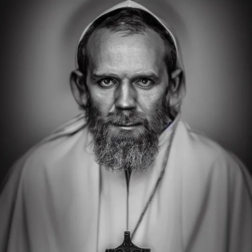 Prompt: stunning beautiful portrait photography of medieval sacred priest from national geographic award winning, dramatic lighting, taken with canon 5d mk4, sigma art lens, medium-shot