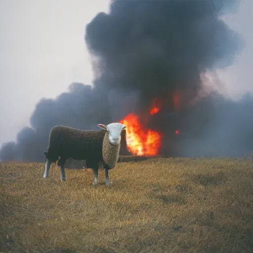 Prompt: a sheep in a burning house, cinestill 800t 50mm, photography