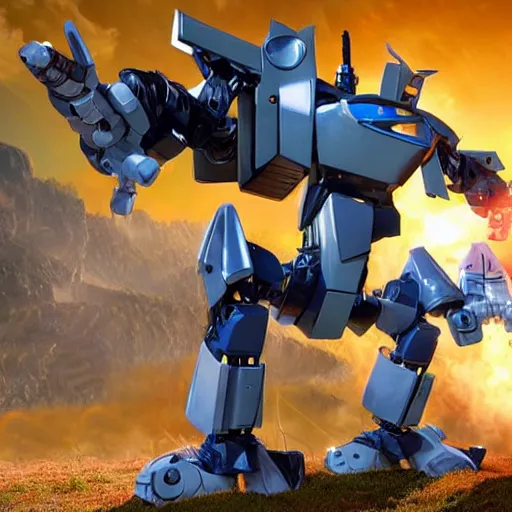 Image similar to transforming robot autobot standing tall with weapon drawn ready for battle, full body