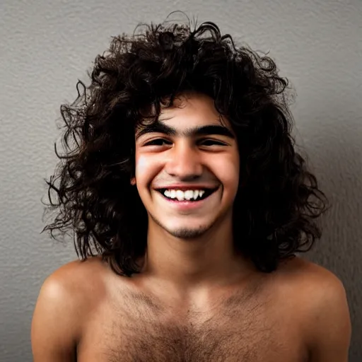 Image similar to close - up portrait photograph of a teenage latino male with big brown eyes, a long italian nose, a big smile, curly medium length black hair, highly detailed, anatomically correct features,