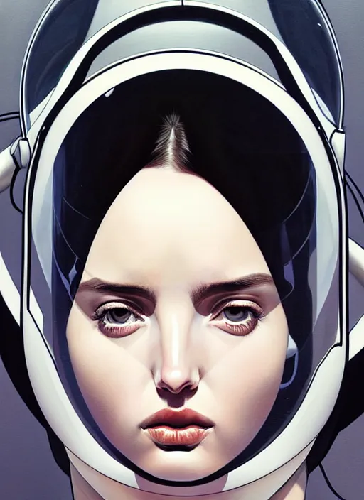 Image similar to artwork by james jean and Phil noto; a close up on the face of a beautiful woman that looks like Ana de armas in a future space suit; wearing futuristic astronaut helmet; highly detailed; pretty eyes; circular black pupils; artwork by james jean and Phil noto