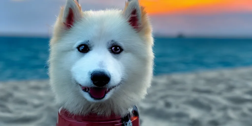 Image similar to a closeup photorealistic photograph of a robot cyborg japanese spitz on the beach at sunset. part dog part machine, pipes and wires glowing eyes. robot dog. part robot dog. hybrid machine dog. this 4 k hd image is trending on artstation, featured on behance, well - rendered, extra crisp, features intricate detail and the style of unreal engine. golden hour