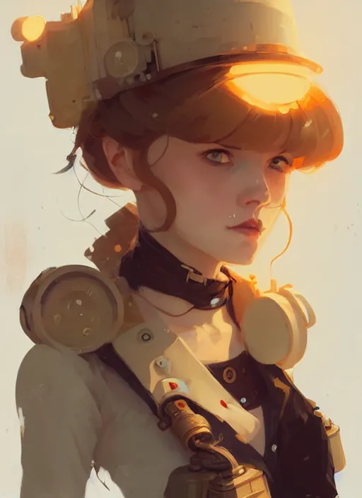 Image similar to portrait of cute maiden girl, steampunk by atey ghailan, by greg rutkowski, by greg tocchini, by james gilleard, by joe gb fenton, by in kaethe butcher, dynamic lighting, gradient light yellow, brown, blonde cream and white color in scheme, grunge aesthetic