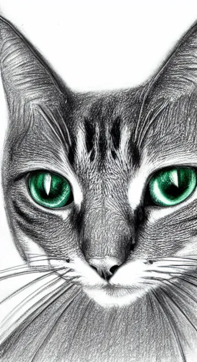 Image similar to highly detailed full body realistic pencil sketch of a beautiful cat with big green eyes in front of the universe