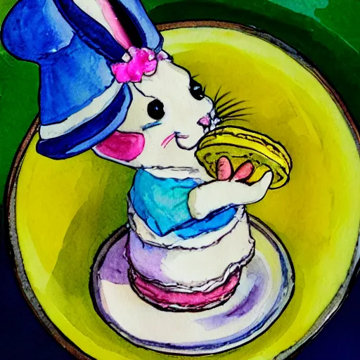 Prompt: A bunny wearing a baker's hat, a plate of macarons on the table. Water Colors, 2017