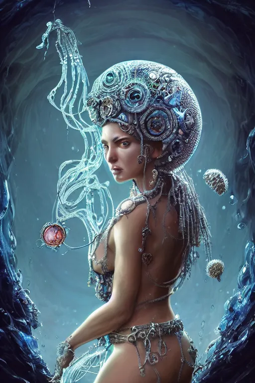 Image similar to a fisheye lens render of an alluring post apocalyptic goddess with wearing ornate silver and gemstones and crystal clothing surrounded by flowing liquid gallium jellyfish and sacred geometry, perfect body and face, gorgeous, cinematic, beautifully lit, by craig mullins, by tomasz alen kopera and peter mohrbacher, 3 d, trending on artstation, octane render, 8 k