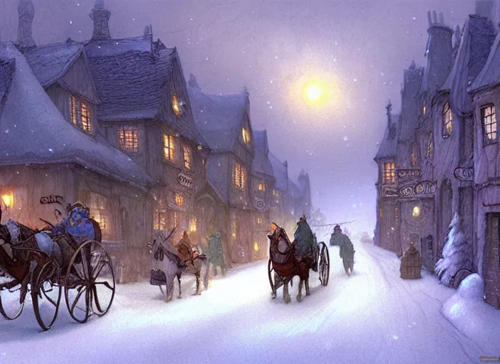 Image similar to a night scene of a snowy town with a horse drawn carriage, a detailed matte painting by anton pieck, deviantart contest winner, fantasy art, concept art, official art, matte drawing