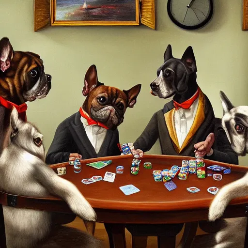 Prompt: an oil painting of hipster dogs playing poker, highly detailed, oil painting