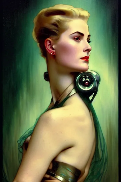 Image similar to young and beautiful evil cyborg grace kelly by steichen from the future in the style of tom bagshaw, alphonse mucha, gaston bussiere, cyberpunk. anatomically correct surreal body mods. extremely lush detail. masterpiece. melancholic scene infected by night. perfect composition and lighting. sharp focus. high contrast lush surrealistic photorealism. sultry expression on her face.