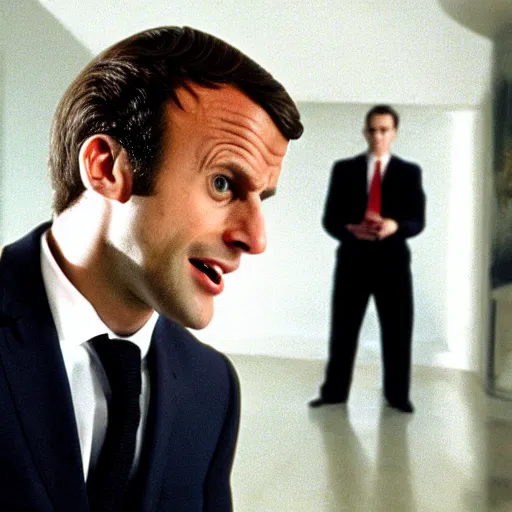 Prompt: Emmanuel Macron shouting in American Psycho (1999)