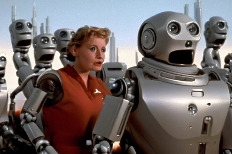 Image similar to a movie still from the 1985 summer blockbuster movie Back to the Robots directed by Steven Spielberg