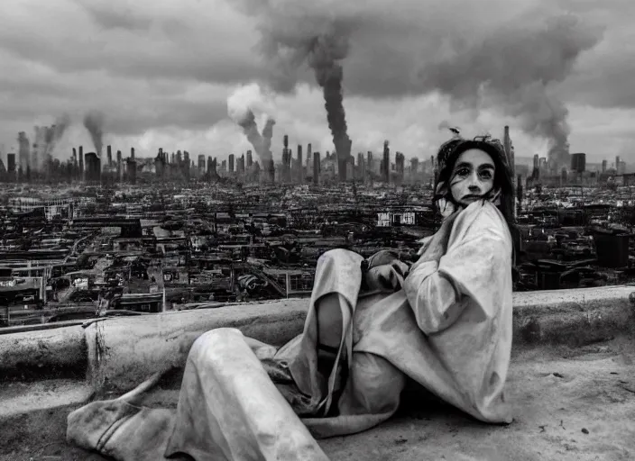 Image similar to mysterious sad rotten girl wrapped in smoke observing a big industrial city metropoli in the distance, cloudy sky, requiem for a dream