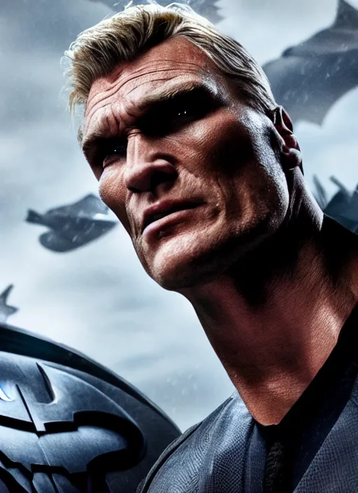 Image similar to film still of Dolph Lundgren as Bruce Wayne in The Batman 2022, 4k