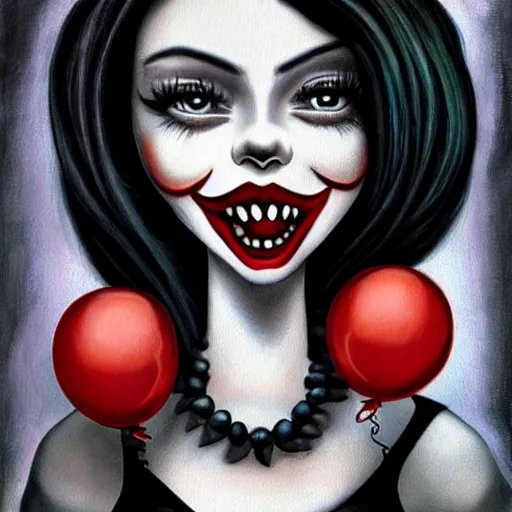 Image similar to grunge cartoon painting of kylie jenner with a wide smile and a red balloon by chris leib, loony toons style, pennywise style, corpse bride style, horror theme, detailed, elegant, intricate