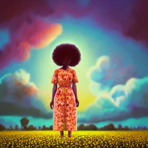 Prompt: girl with afro made of flower, standing in a field with flowers, surreal photography, hills, big trees, sunrise dramatic light, impressionist painting, colorful clouds, digital painting, pointillism, artstation, simon stalenhag